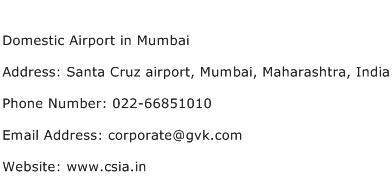 Domestic Airport in Mumbai Address Contact Number