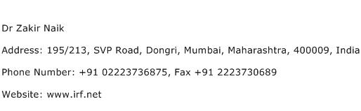 Dr Zakir Naik Address Contact Number