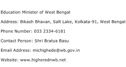 Education Minister of West Bengal Address Contact Number