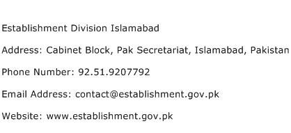 Establishment Division Islamabad Address Contact Number