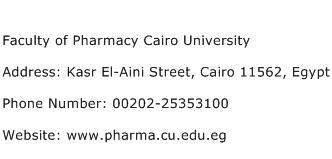 Faculty of Pharmacy Cairo University Address Contact Number