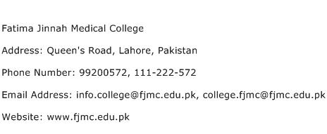 Fatima Jinnah Medical College Address Contact Number
