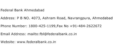 Federal Bank Ahmedabad Address Contact Number