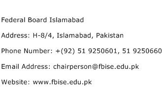 Federal Board Islamabad Address Contact Number
