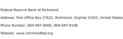 Federal Reserve Bank of Richmond Address Contact Number