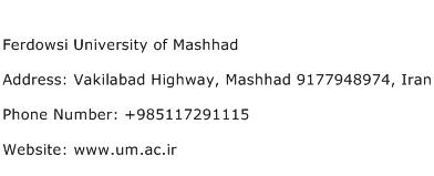 Ferdowsi University of Mashhad Address Contact Number