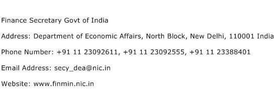Finance Secretary Govt of India Address Contact Number