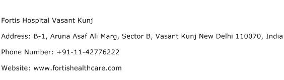 Fortis Hospital Vasant Kunj Address Contact Number