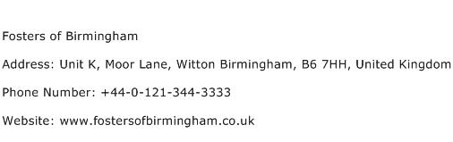 Fosters of Birmingham Address Contact Number