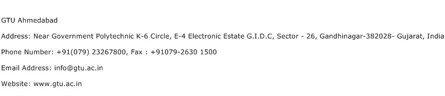 GTU Ahmedabad Address Contact Number