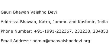 Gauri Bhawan Vaishno Devi Address Contact Number