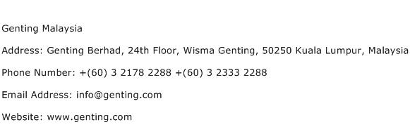 Genting Malaysia Address Contact Number