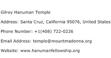Gilroy Hanuman Temple Address Contact Number
