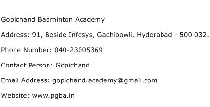Gopichand Badminton Academy Address Contact Number