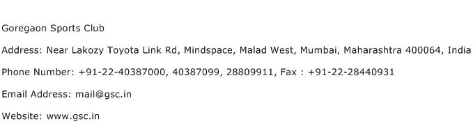 Goregaon Sports Club Address Contact Number