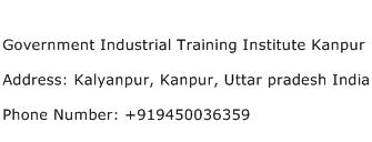 Government Industrial Training Institute Kanpur Address Contact Number