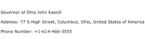 Governor of Ohio John Kasich Address Contact Number