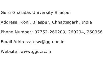 Guru Ghasidas University Bilaspur Address Contact Number
