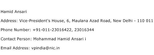 Hamid Ansari Address Contact Number