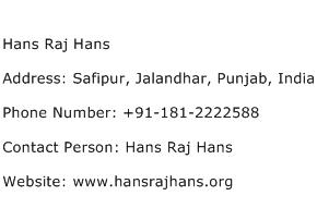 Hans Raj Hans Address Contact Number
