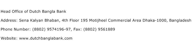 Head Office of Dutch Bangla Bank Address Contact Number