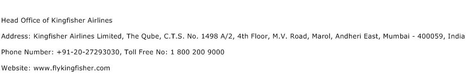 Head Office of Kingfisher Airlines Address Contact Number