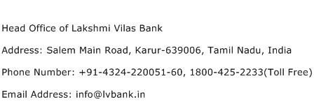 Head Office of Lakshmi Vilas Bank Address Contact Number