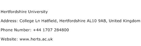 Hertfordshire University Address Contact Number