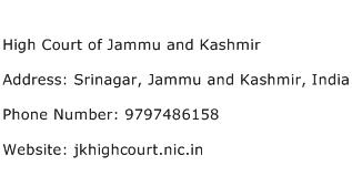 High Court of Jammu and Kashmir Address Contact Number