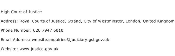 High Court of Justice Address Contact Number