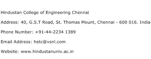 Hindustan College of Engineering Chennai Address Contact Number