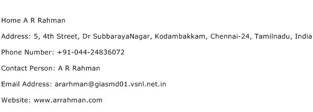 Home A R Rahman Address Contact Number