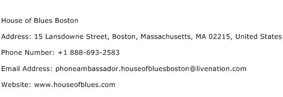 House of Blues Boston Address Contact Number