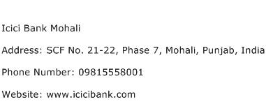 Icici Bank Mohali Address Contact Number