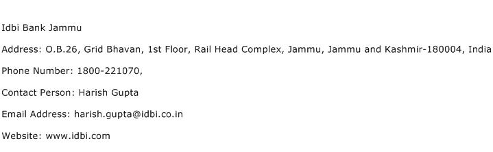 Idbi Bank Jammu Address Contact Number