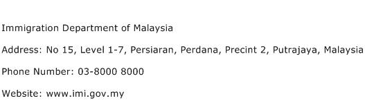 Immigration Department of Malaysia Address Contact Number