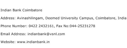Indian Bank Coimbatore Address Contact Number