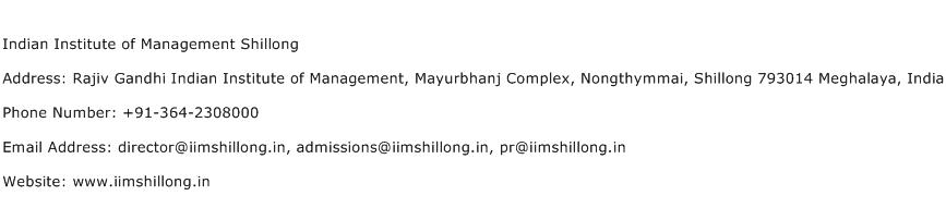 Indian Institute of Management Shillong Address Contact Number