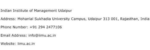 Indian Institute of Management Udaipur Address Contact Number
