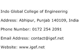 Indo Global College of Engineering Address Contact Number