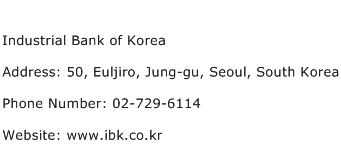 Industrial Bank of Korea Address Contact Number