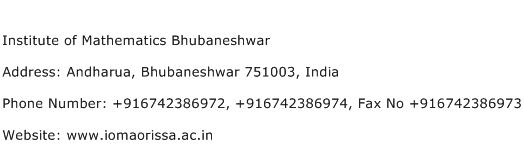 Institute of Mathematics Bhubaneshwar Address Contact Number