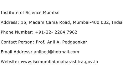 Institute of Science Mumbai Address Contact Number