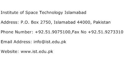 Institute of Space Technology Islamabad Address Contact Number