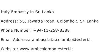 Italy Embassy in Sri Lanka Address Contact Number