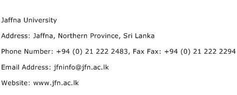 Jaffna University Address Contact Number