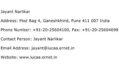 Jayant Narlikar Address Contact Number