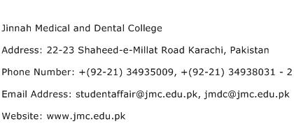 Jinnah Medical and Dental College Address Contact Number