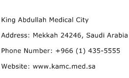 King Abdullah Medical City Address Contact Number