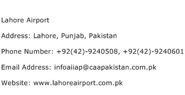 Lahore Airport Address Contact Number